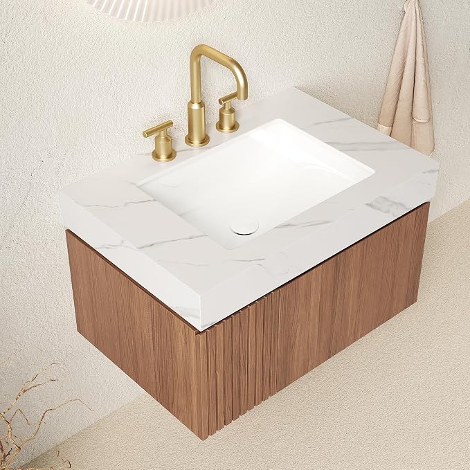 KEIKI 30 Inch Floating Bathroom Vanity with Sink, Brown Oak & White | Modern Wall Mounted Storage Cabinet w/ Drawer & Door, Pre-assembled Wood Panels, Sintered Stone Top & Ceramic Basin Combo Set