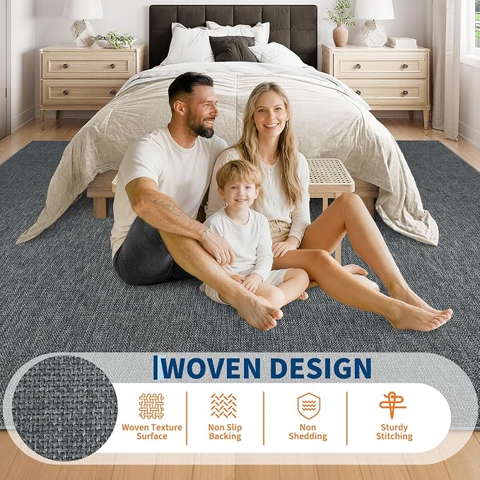 Garvee Woven Textured Area Rug 5x7 Washable Rugs for Living Room Charcoal | Non Slip Non-Shedding Bedroom Rug Ultra-Thin Low Pile Carpet Farmhouse Neutral Floor Mat for Nursery Dining Room Office Dorm