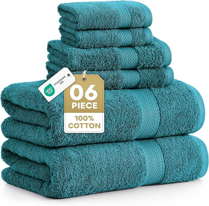 LANE LINEN Bath Towel Set 100% Cotton 6 Piece Soft Absorbent - Sea Port | Towel Set Of 6 - Ring-Spun Cotton, Terry Weave Comfort, Long-Lasting Comfort, Hotel-Style Look, Gets Softer With Every Wash