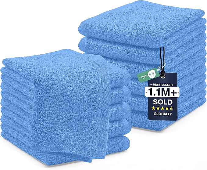 DAN RIVER 12 Pack Cotton Wash Cloths Set for Showering [12x12] M Blue | Lighter Weight, Quick to Dry, Super Soft & Absorbent Face Towels, Hotel Quality, Perfect for Bathroom, Gym, Spa