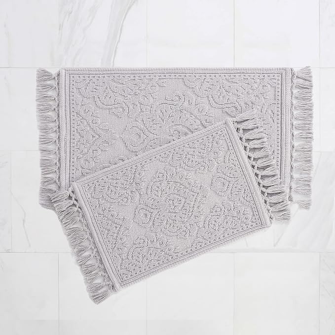 Jean Pierre - Ricardo Bath Mats, Set of 2 Woven Fringe Bathroom Rugs, 100% Cotton, Premium Bathroom Decor - Measures 17" x 31" and 21" x 41" - Light Gray