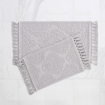Jean Pierre - Ricardo Bath Mats, Set of 2 Woven Fringe Bathroom Rugs, 100% Cotton, Premium Bathroom Decor - Measures 17" x 31" and 21" x 41" - Light Gray