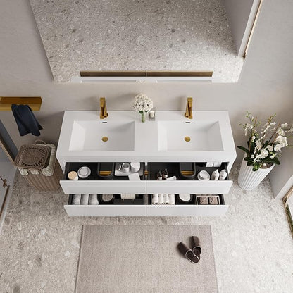 60" Floating Bathroom Vanity, Wall-Mounted Double Sink Vanity, Pre-Assembled Modern Floating Storage Cabinet with Stone Resin Countertop & Soft-Close Drawers, Glossy White