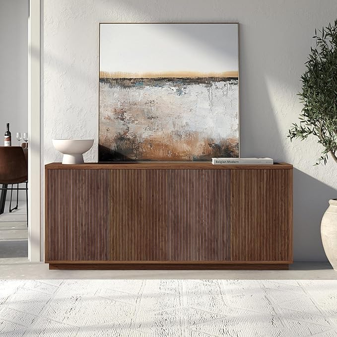 Henn&Hart 68" Fluted Sideboard Buffet Cabinet, Ribbed Modern Wooden Credenza with 4 Doors, Adjustable Shelves, and Cable Management Cut-Outs for Dining Room, Kitchen, or Living Room, Medium Walnut