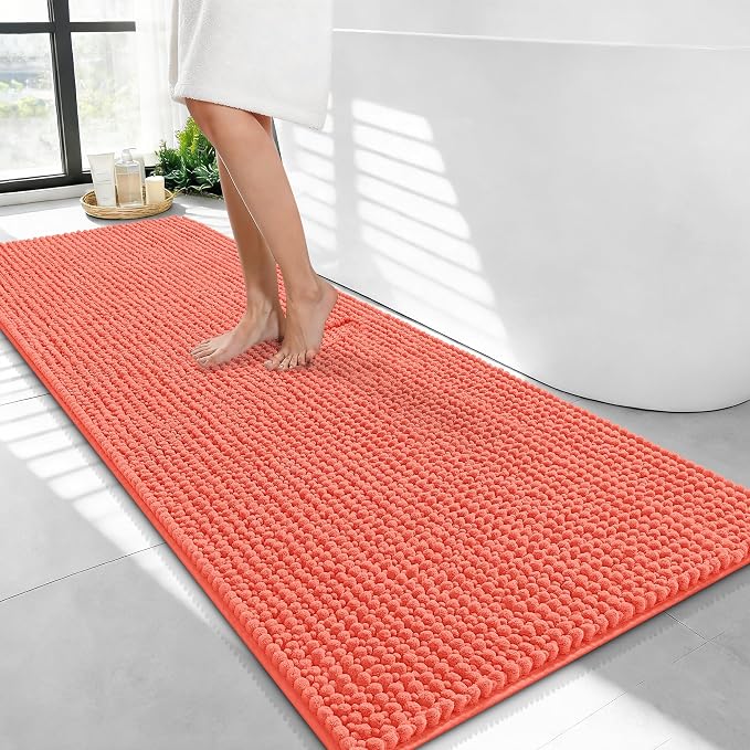 OLANLY Thick Chenille Bathroom Runner Rugs 47x24, Absorbent Bath Mat, Coral | Soft Bath Rugs, Rubber Backing, Machine Wash Dry, Bath Mats for Bathroom, Tub and Shower, Home Decor Accessories