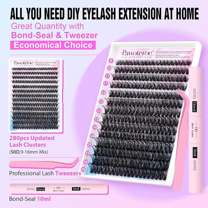 Lash Extension Kit DIY 280pcs Individual Lash Clusters Kit 50D 9-16mm Cluster Eyelash Extensions Kit with Lash Bond and Seal, Lash Tweezers for Self Application (50D, 0.07D, 9-16mm, Kit)