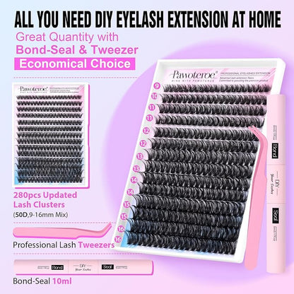 Lash Extension Kit DIY 280pcs Individual Lash Clusters Kit 50D 9-16mm Cluster Eyelash Extensions Kit with Lash Bond and Seal, Lash Tweezers for Self Application (50D, 0.07D, 9-16mm, Kit)