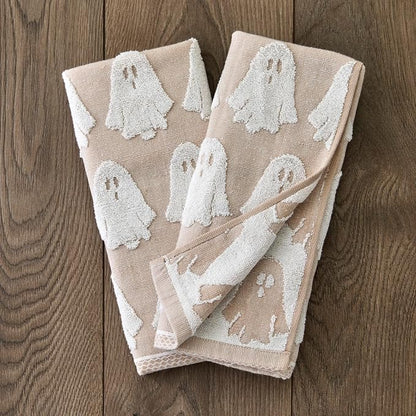 SKL Home Halloween Ghost Hand Towel Set-2pc, 100% Cotton Jacquard, Tan | Plush, absorbent & reversible. Great for use in the bathroom, kitchen, or bar & gifting.