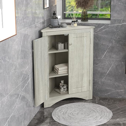 Corner Storage Cabinet with Two Doors for Bathroom, Living Room or Kitchen, Adjustable Shelf, Freestanding Floor Space Saver, Oak