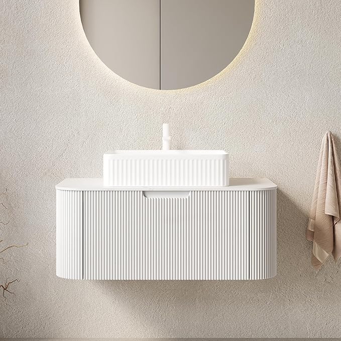 Yayzy 36" Floating Bathroom Vanity with Sink, Solid Wood Fluted Cabinet, White Fluted Square Ceramic Basin & Faux Marble Top, Soft-Close Drawer, Pre-Assembled, White