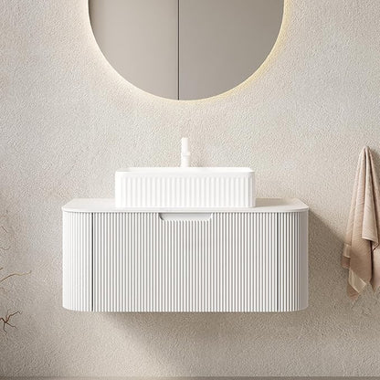 Yayzy 36" Floating Bathroom Vanity with Sink, Solid Wood Fluted Cabinet, White Fluted Square Ceramic Basin & Faux Marble Top, Soft-Close Drawer, Pre-Assembled, White