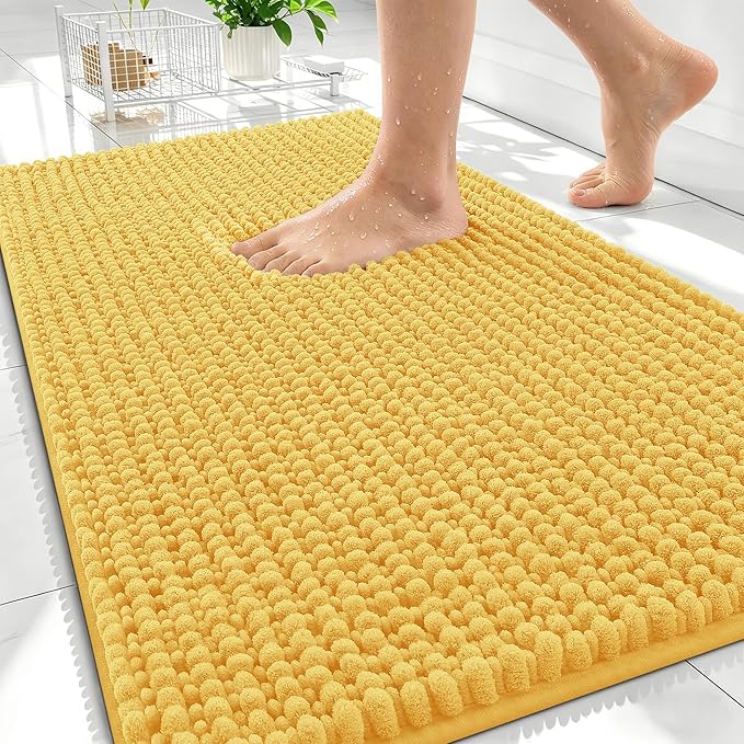 OLANLY Thick Chenille Bathroom Rugs 30x20, Soft Absorbent Bath Mat, Yellow | Bath Rugs, Rubber Backing, Machine Wash Dry, Bath Mats for Bathroom Floor, Tub and Shower, Home Decor Accessories
