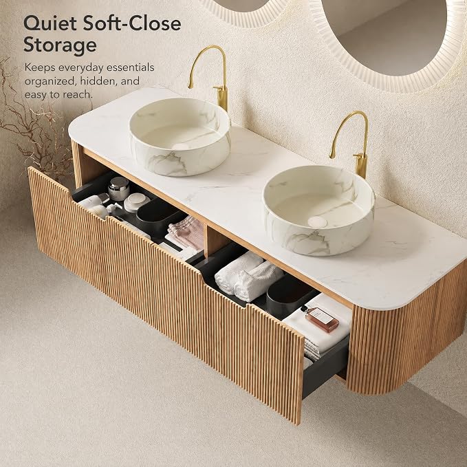 60 Inch Double Sink Bathroom Vanity, Floating Wall Mounted Cabinet, Natural Woodgrain Curved Fluted Front, Stone Top, Dual Marble-Look Round Vessel Basins, Pre-Assembled