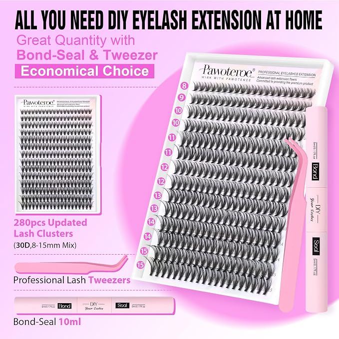 Lash Extension Kit DIY 280pcs Individual Lash Clusters Kit 30D Natural 8-15mm Cluster Eyelash Extensions Kit with Lash Bond and Seal, Lash Tweezers for Self Use (30D, 0.07D, 8-15mm, Kit)