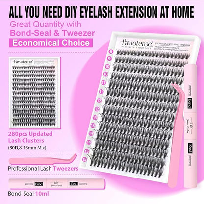 Lash Extension Kit DIY 280pcs Individual Lash Clusters Kit 30D Natural 8-15mm Cluster Eyelash Extensions Kit with Lash Bond and Seal, Lash Tweezers for Self Use (30D, 0.07D, 8-15mm, Kit)