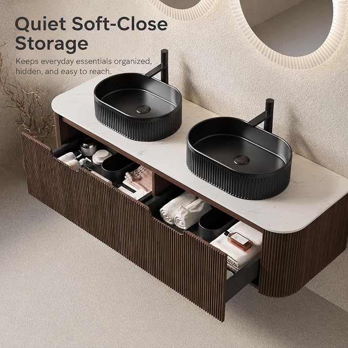 60 Inch Double Sink Bathroom Vanity, Floating Wall Mounted Cabinet, Dark Walnut Curved Fluted Front, Stone Top, Dual Black Textured Oval Vessel Basins, Pre-Assembled