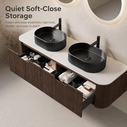 60 Inch Double Sink Bathroom Vanity, Floating Wall Mounted Cabinet, Dark Walnut Curved Fluted Front, Stone Top, Dual Black Textured Oval Vessel Basins, Pre-Assembled