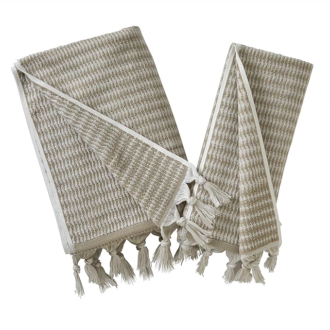 SKL Home Longborough Bath Towel, 100% Turkish Cotton, Tan | 640 GSM weight. Spa-level quality. Soft & absorbent jacquard with hand-knotted tassels.