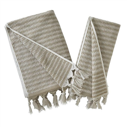 SKL Home Longborough Bath Towel, 100% Turkish Cotton, Tan | 640 GSM weight. Spa-level quality. Soft & absorbent jacquard with hand-knotted tassels.