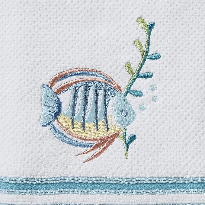 SKL Home Ocean Watercolor Bath Towel, Coastal Embroidery, White | 100% Cotton. 550 GSM. Plush & absorbent terry jacquard. Great for Airbnb, beach homes & coastal décor.