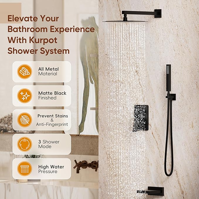 Shower System with Tub Spout, All Metal Matte Black Shower Faucet Set with Valve, 10'' Rain Shower Head with Handheld Spray, 59'' Shower Hose and Diverter, Wall Mounted Bath Tub Faucet Set