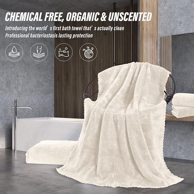 MOONQUEEN 2 Pack Premium Bath Towel Set - Quick Drying - Microfiber Coral Velvet Highly Absorbent Towels - Multipurpose Use as Bath Fitness, Bathroom, Shower, Sports, Yoga Towel (Cream)