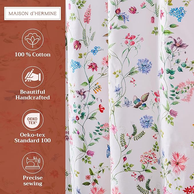 Maison d' Hermine Shower Curtain 100% Cotton One Panel 70"x72" Washable Fabric Shower Curtains for Bathroom, Easy Hanging with 12 Button Holes - Home Hotel Spa Easter Gifts(Neo Ipomee - Multi)