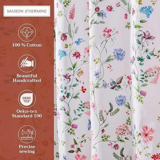 Maison d' Hermine Shower Curtain 100% Cotton One Panel 70"x72" Washable Fabric Shower Curtains for Bathroom, Easy Hanging with 12 Button Holes - Home Hotel Spa Easter Gifts(Neo Ipomee - Multi)