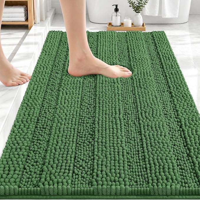 OLANLY Thick Bathroom Rugs 30x20, Chenille Striped Bath Rugs, Olive Green | Rubber Backing, Machine Wash, Extra Soft Absorbent Bath Mats for Bathroom Floor, Tub and Shower, Home Decor Accessories