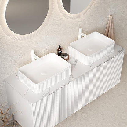 Ambrovina 60" Bathroom Vanity with Double Sink, Freestanding Bathroom Storage Cabinet with 4 Soft-Closing Doors, Rectangular Ceramic Basin and Carrara White Sintered Stone Countertop, White