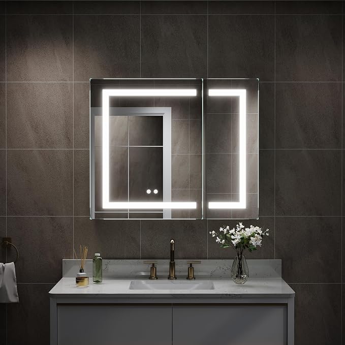 36" X 30" Bathroom LED Medicine Cabinet with Mirror, Medicine Cabinet with Lights, Bathroom Mirror with Storage, Dimmer, Defogger, Outlets & USB Ports, Double Doors