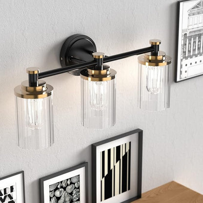Bathroom Lighting Fixtures Black and Brass Bathroom Vanity Light with Cylindrical Clear Stripes Glass Lampshade E26 Socket Base Bathroom Lighting Fixtures Over Mirror (3 Lights)