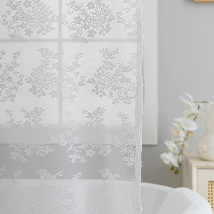 TUDECO White Lace Stall Shower Curtain with Valance 36''W x 72''L | Half Size, for Narrow RV Bathroom, French Country, Floral Pattern, Sheer, Reinforced Holes, Machine Washable
