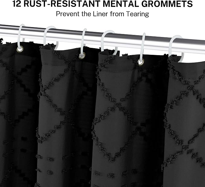 Extra Long Boho Black Shower Curtain with Tassels, 72 x 96, Tufted Chevron Striped Chenille Woven Fabric Cloth Shower Curtain Modern Farmhouse Minimalist, Shabby Chic Textured for Bathroom