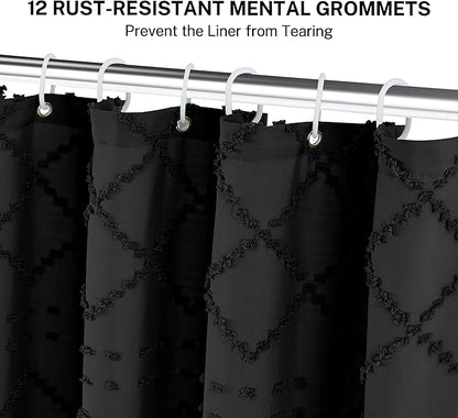 Extra Long Boho Black Shower Curtain with Tassels 72 x 84, Tufted Chevron Striped Chenille Woven Fabric Cloth Shower Curtain Modern Farmhouse Minimalist, Shabby Chic Textured for Bathroom