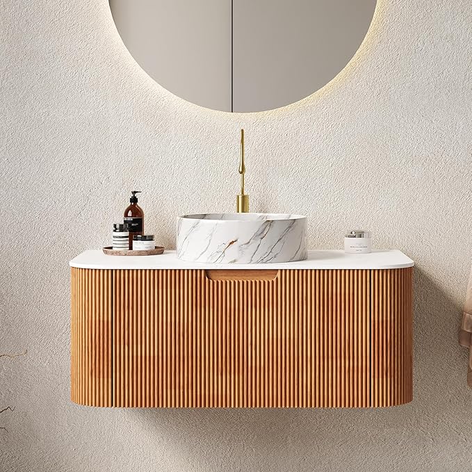 LKTART 36 Inch Floating Bathroom Vanity with Sink, Modern Wall Mounted Bathroom Storage Cabinet with Drawer, Stone Pattern Round White Ceramic Sink Top and Marble Texture Top, Natural Wood