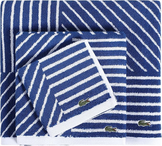 Lacoste Guethary Striped 6PC Towel Set – 100% Cotton, Reversible Design, Durable & Lightweight, Machine Washable – Surf Blue, 2 Bath Towels (30"x54"), 2 Hand Towels (16"x30"), 2 Washcloths (13"x13")