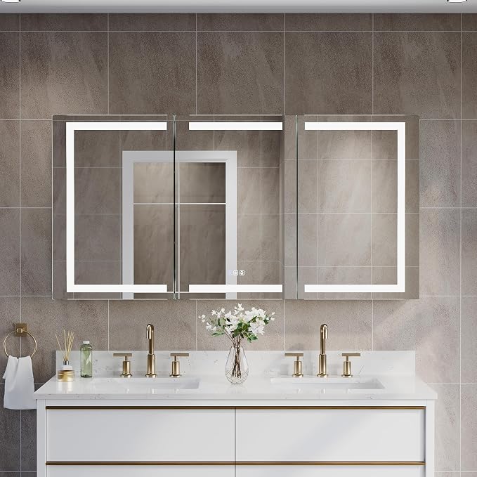 60" X 30" Bathroom Mirror Medicine Cabinet with 3X Magnification Makeup Mirror, LED Mirrored Cabinet, Bathroom Storage Mirror Cabinet, Recessed or Surface, Three Opening Doors