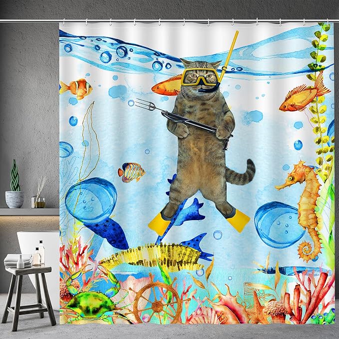 Aimego Funny Cat Shower Curtains for Bathroom - Sea Ocean Animal Underwater Tropical Fish Coral Seahorse Fun Bath Shower Curtain Set with 12 Hooks for Adults Kids Bathroom Decor Accessories, 72"x72"