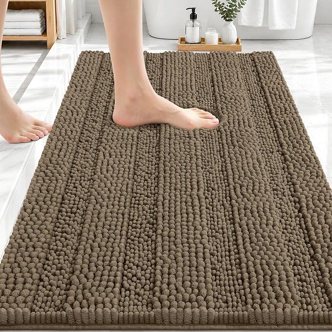 OLANLY Thick Bathroom Rugs 30x20, Soft Chenille Striped Bath Rugs, Tan | Rubber Backing, Machine Wash, Extra Absorbent Bath Mats for Bathroom Floor, Tub and Shower, Home Decor Accessories