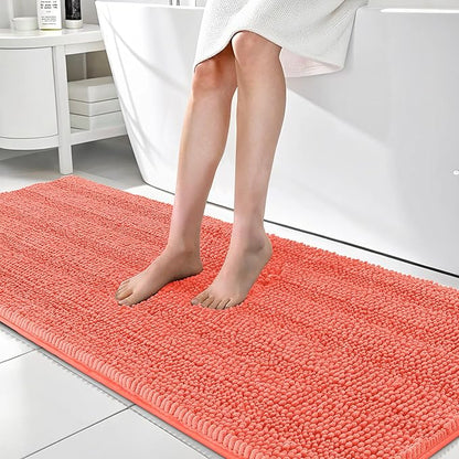 OLANLY Thick Bathroom Runner Rugs 70x24, Chenille Long Bath Rugs, Coral | Soft Absorbent Striped, Rubber Backing, Machine Wash, Bath Mats for Bathroom Floor, Tub and Shower, Home Decor Accessories