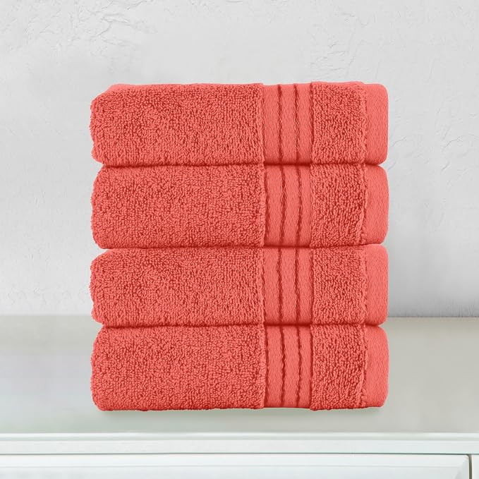 Elegant Comfort Premium Turkish Cotton 4 Pack Hand Towel Set - 16 x 28 inch, Luxurious Hotel Spa Quality 100% Turkish Cotton 4PC Hand Towel Set - Highly Absorbent - Soft Bathroom Towels, Coral