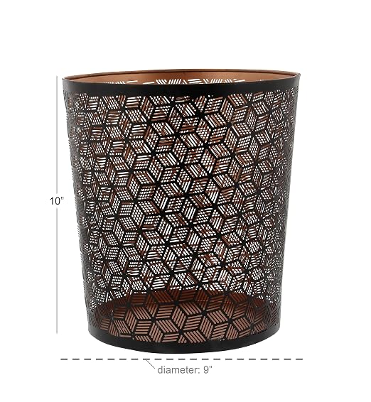 Deco 79 Metal Round Small Waste Bin with Laser Carved Design, 9" x 9" x 10", Black
