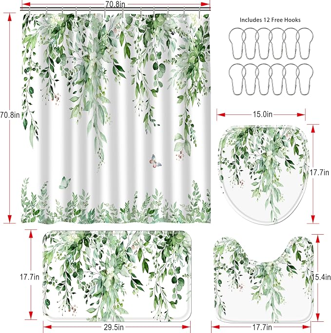 16 Pcs Sage Green Eucalyptus Shower Curtain Set with Rugs | Botanical Leaf Bath Curtains, Quick Absorbent Foam Mats, 120GSM Heavy-Weight Fabric Curtain with 12 Metal Hooks, 72x72 Inch