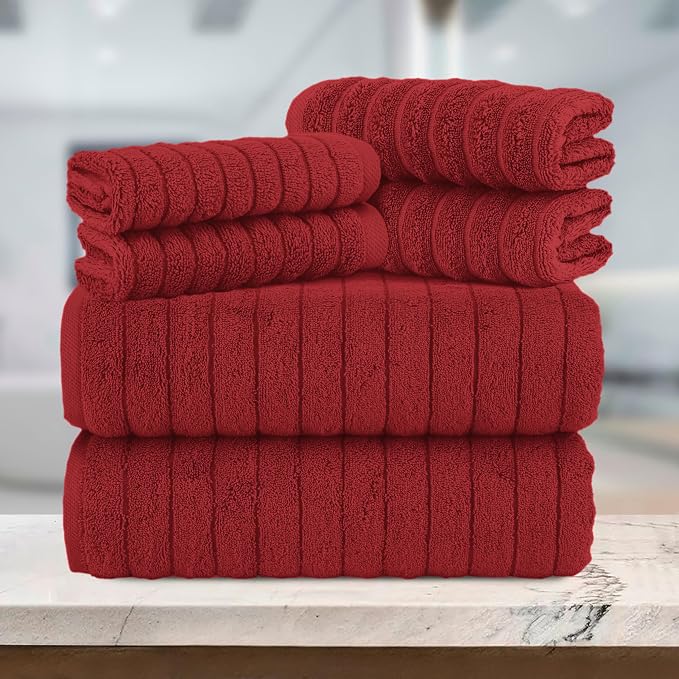 Elegant Comfort 100% Turkish Cotton Corduroy Ribbed Luxury Bath Towels 6-Piece Set, Premium Feel - Quick Dry, Highly Absorbent, Contains 2 Bath Towels, 2 Hand Towels, and 2 Washcloths, Burgundy