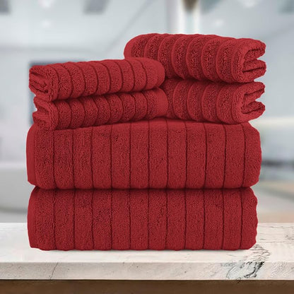 Elegant Comfort 100% Turkish Cotton Corduroy Ribbed Luxury Bath Towels 6-Piece Set, Premium Feel - Quick Dry, Highly Absorbent, Contains 2 Bath Towels, 2 Hand Towels, and 2 Washcloths, Burgundy