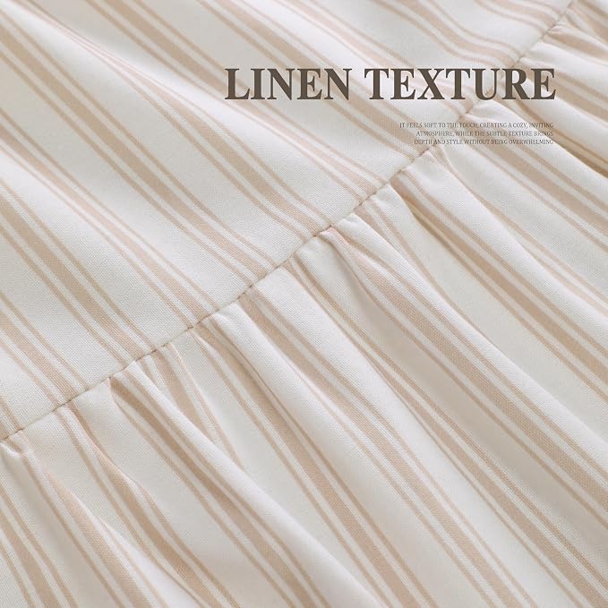 Farmhouse Shower Curtain Ruffle Linen White-Beige Stripe 72"W x 72"L | Farmhouse Boho, Striped, Bottom Ruffle, Cotton Fabric, Rustic, Country, Natural Look, Washable, for Bathroom Bathtub