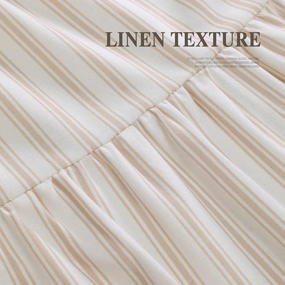 Farmhouse Shower Curtain Ruffle Linen White-Beige Stripe 72"W x 72"L | Farmhouse Boho, Striped, Bottom Ruffle, Cotton Fabric, Rustic, Country, Natural Look, Washable, for Bathroom Bathtub