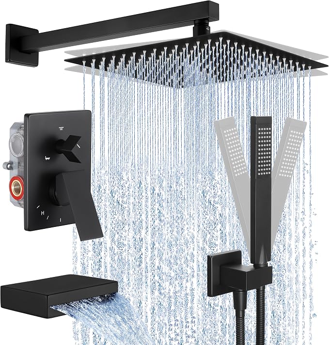 KES Black Shower Faucet Set Complete, 12 Inch Rainfall Shower Head with Handheld Spray, Waterfall Tub Spout Bathtub Faucet, Shower System, Regaderas Modernas Para Ducha, XB6305F18S12-BK