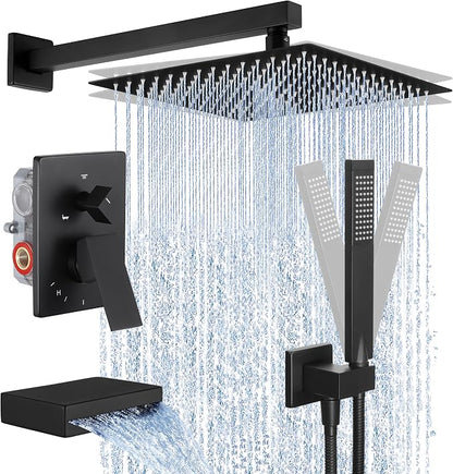KES Black Shower Faucet Set Complete, 12 Inch Rainfall Shower Head with Handheld Spray, Waterfall Tub Spout Bathtub Faucet, Shower System, Regaderas Modernas Para Ducha, XB6305F18S12-BK